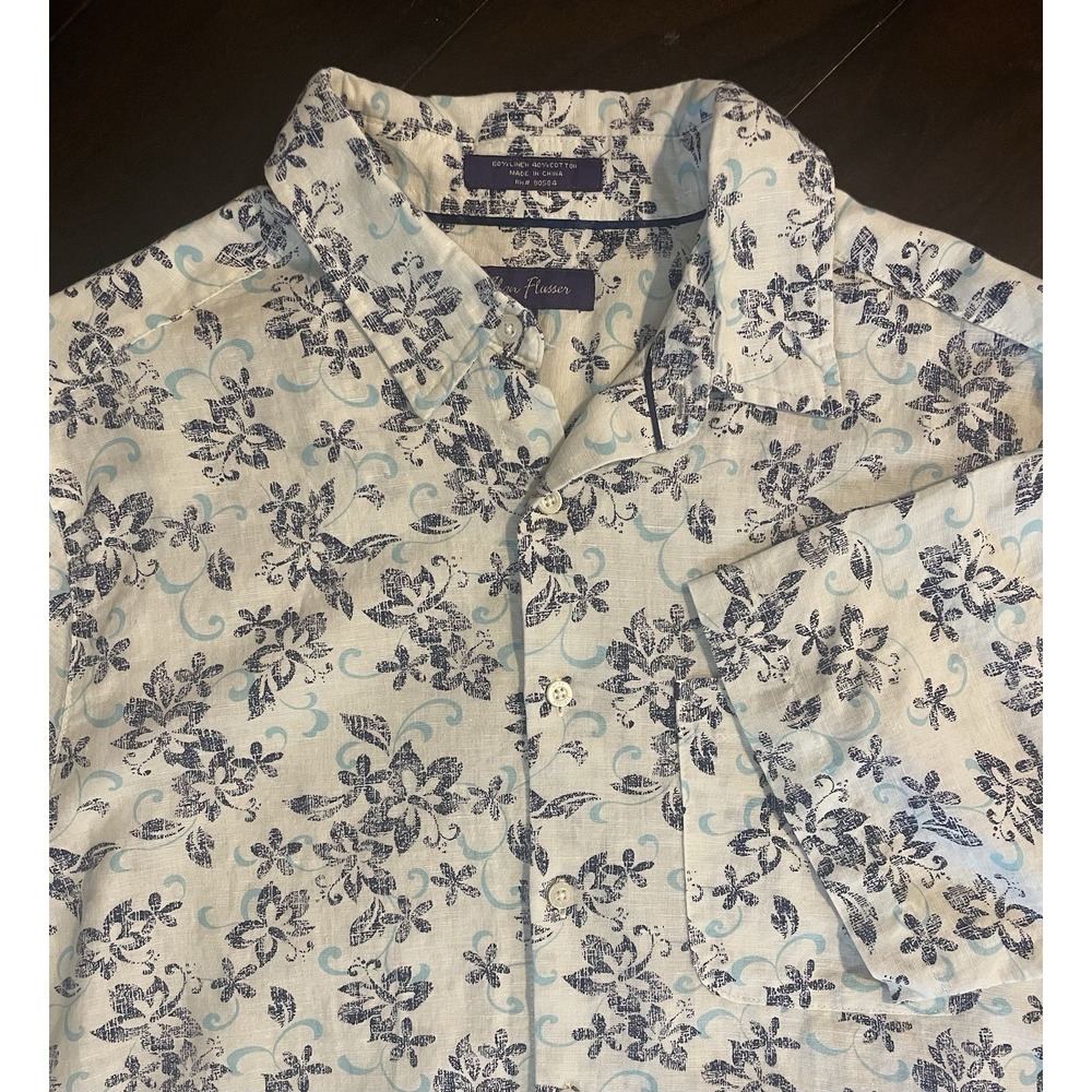 Alan Flusser Button Shirt Men Med White Blue Linen Cotton Floral S/S Boho Resort